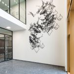 <p><strong>Coating: 2-coloured paint black/white, clear coat seal matt</strong><br />
Dorthe Goden, laser cuts from 2 mm sheet steel, Kunst am Bau, Justice Center Bad Kreuznach, EG / 1. OG, 2017<br />
Photo by: Thorsten Arendt</p>
